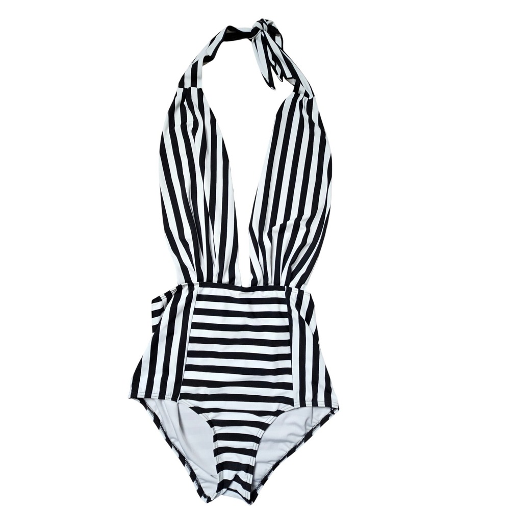 Cocoship Striped Retro One-Piece Swimsuit Plunging Halter M Resortwear Coastal